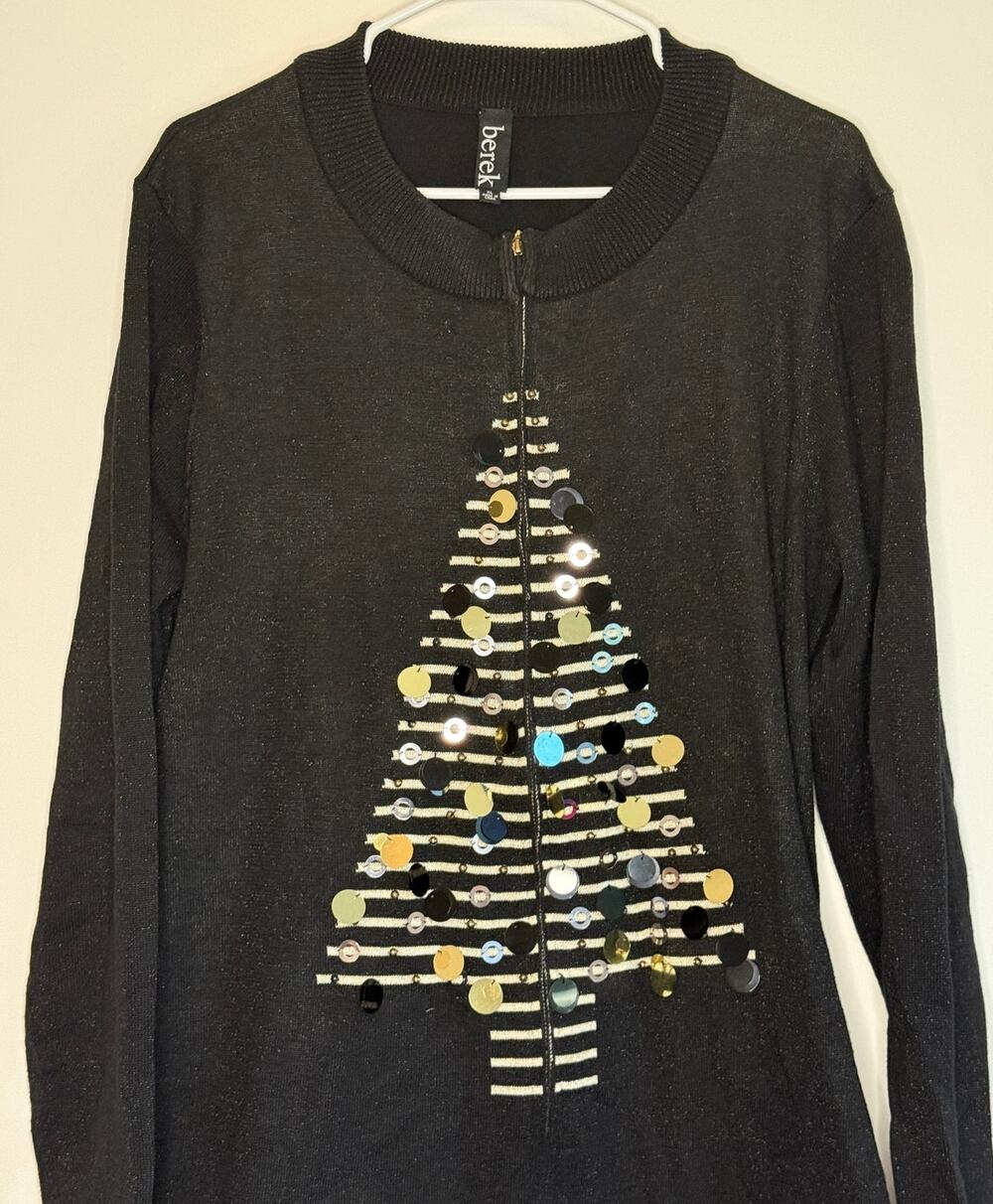 Vintage Berek Christmas Tree Zip-Up Cardigan Sweater Women's XL